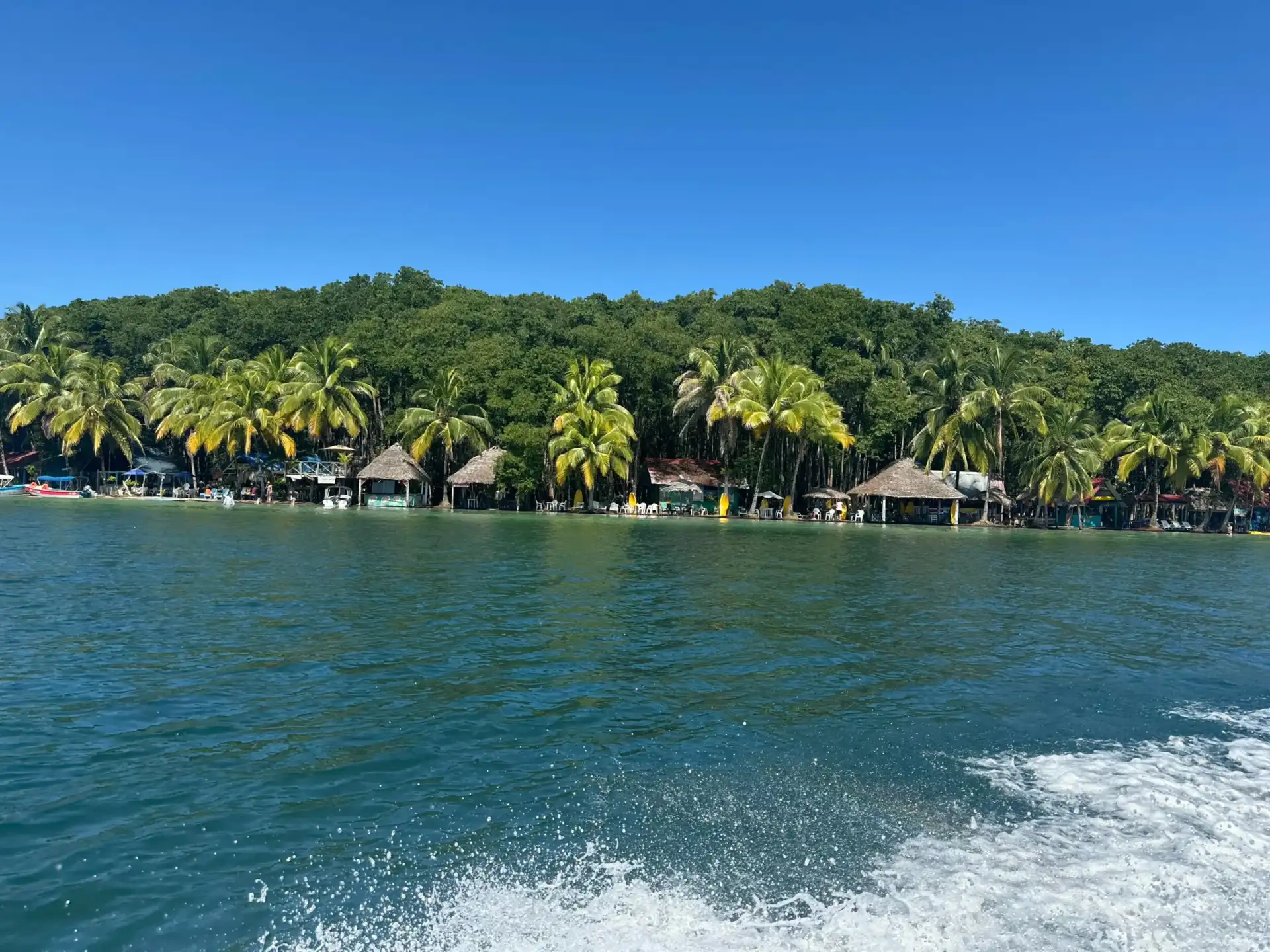 Vista panorámica de Playa Estrella con palmeras y cabañas frente al mar Caribe en Bocas del Toro, Panamá